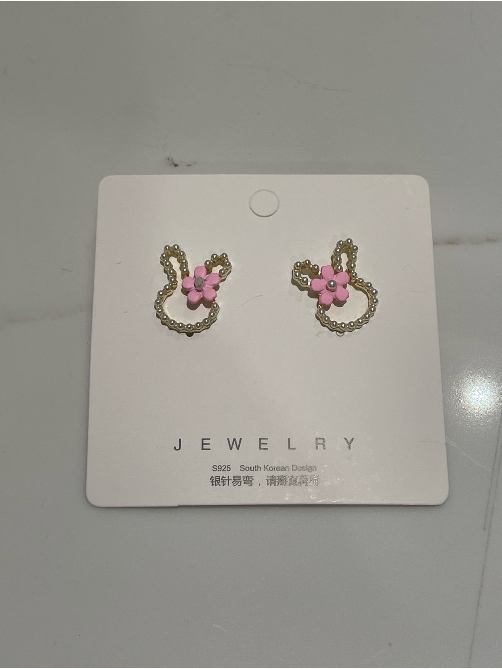 Pink Flower Gold-Tone Bunny Outline Stud Earrings